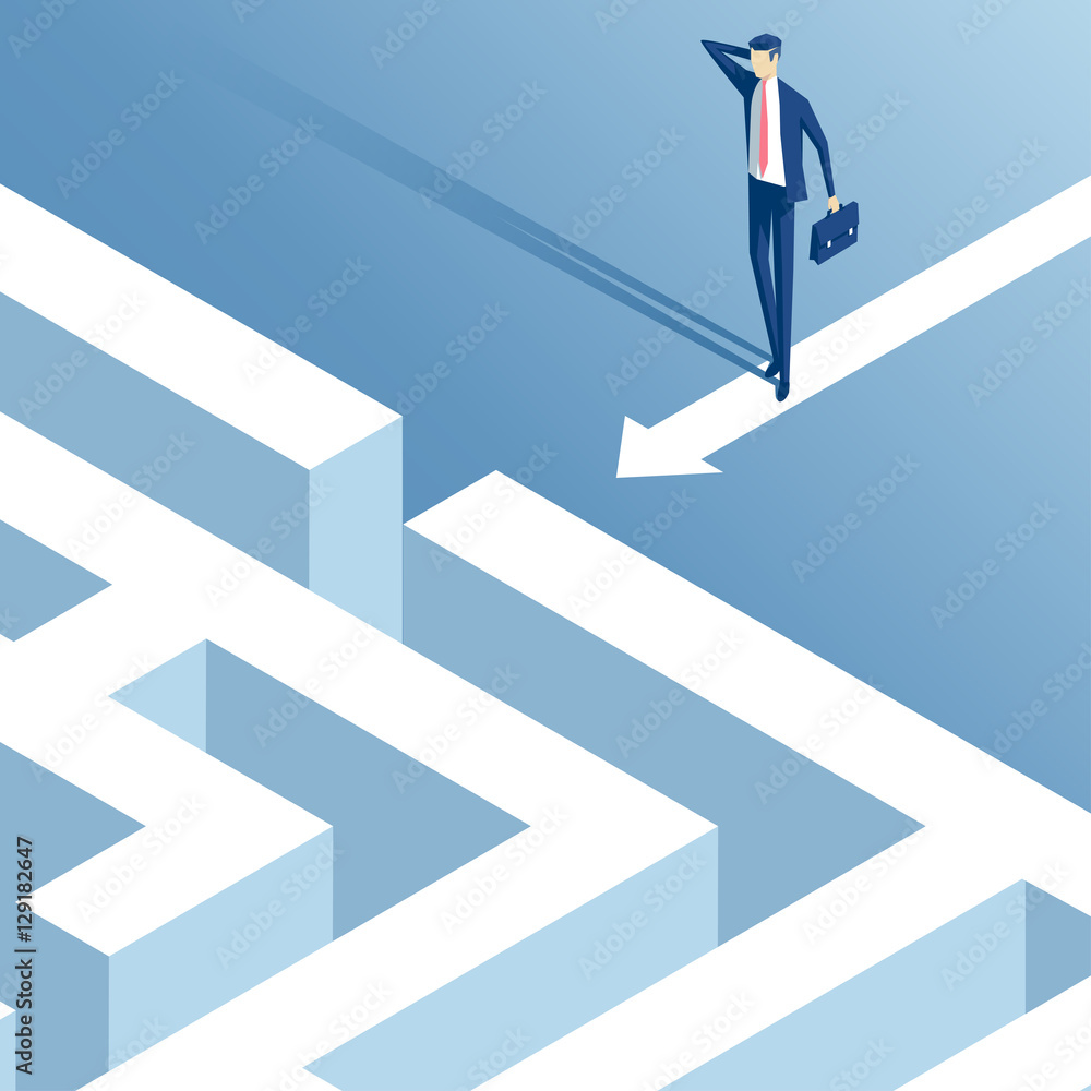 Fototapeta premium Isometric businessman stood in front of the entrance to the maze and thinks how to pass it, confused employee ponders how to overcome the labyrinth, business, concept problem and challenges