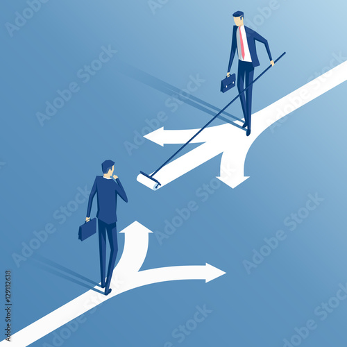 confused businessman standing at a crossroads and chooses the direction and savvy businessman who painted his own way, an employee with a roller draws its own direction, business concept choice