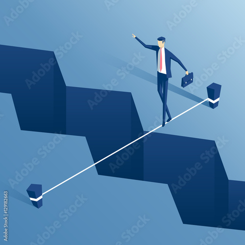 isometric businessman is walking a tightrope across the gap in the earth, employee of the tightrope walker is walking a tightrope over the abyss, business concept challenge and the risk