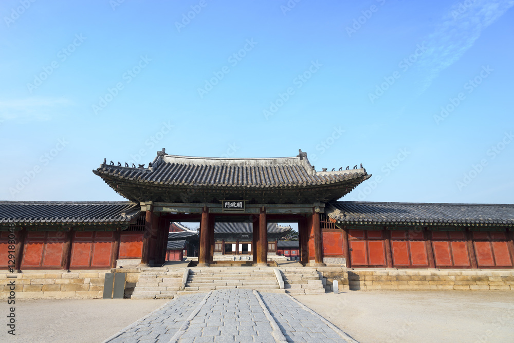 Architectural detail - Korean Tradition red wooden pole and outd Architectural detail - Korean Tradition red wooden pole and outd
