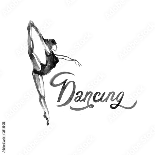 Watercolor illustration ballerina icon in dance. Design poster ballet school  studio