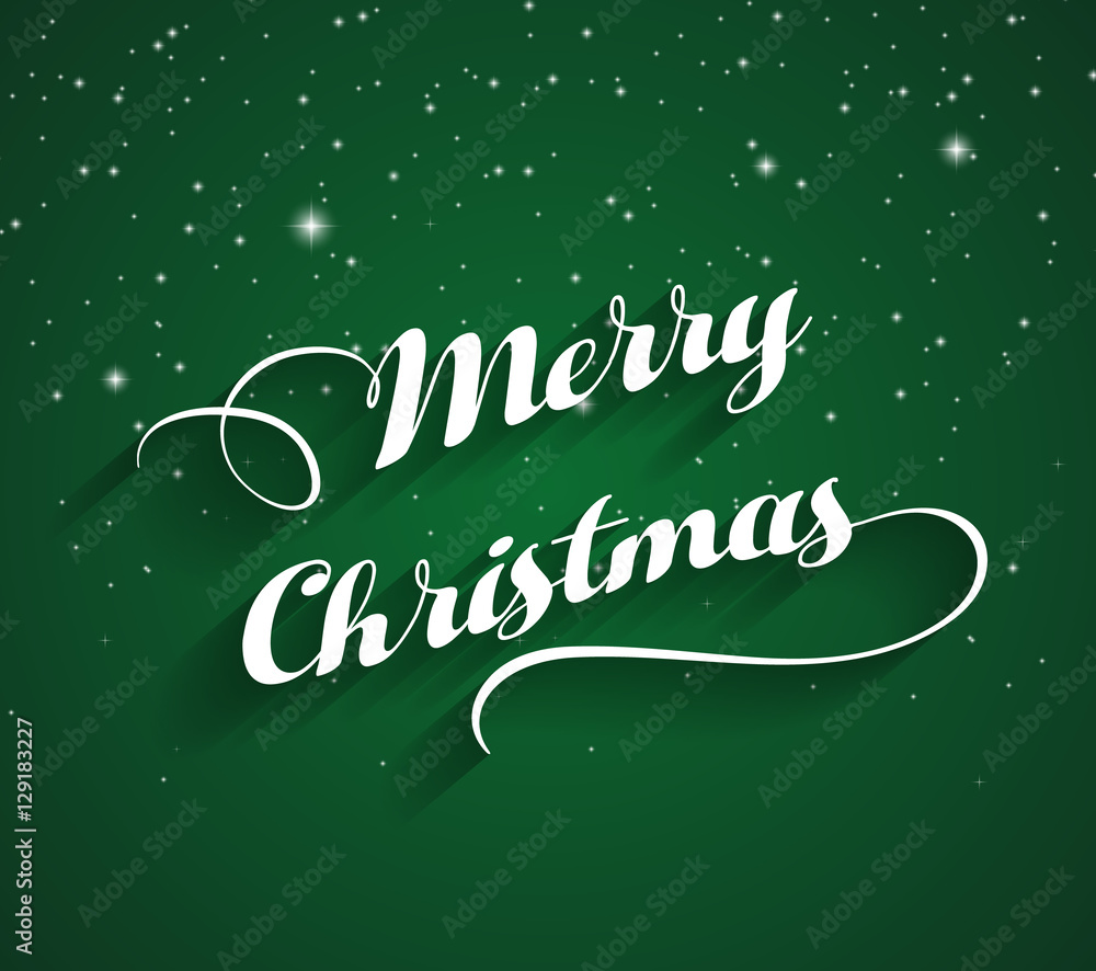 Merry Christmas greeting card, Merry Christmas white letters on green with snow
