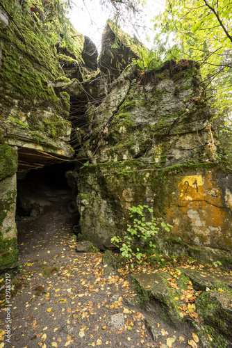 Wolf's Lair,  Adolf Hitler's Bunker in Poland. First Eastern Front military headquarters in World War II. Complex was blown up and abandoned on 1945. Autumn, chaparral grown ruins, trees, leaves. © Artenex