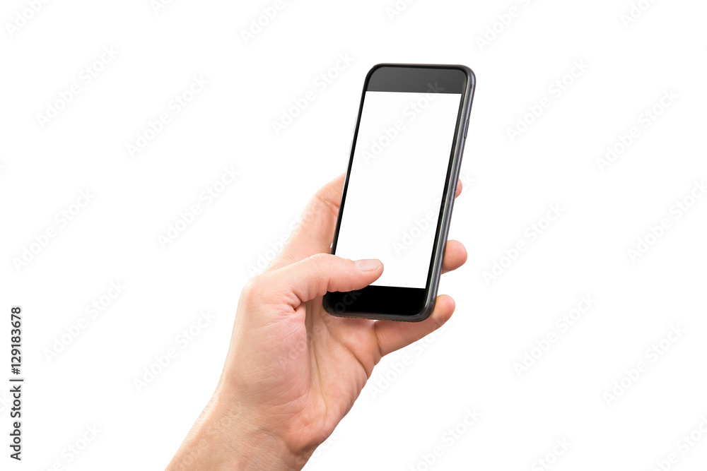 Mockup of male hand holding cellphone isolated at white background Mockup of male hand holding cellphone isolated at white background