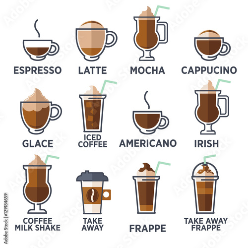 Coffee types or kinds set. Vector 