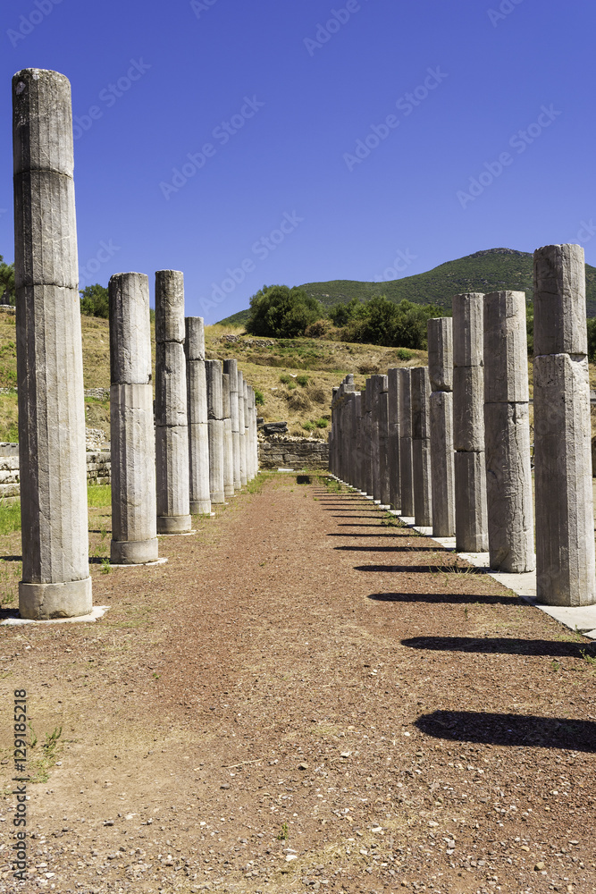 Pillar ruins of the ancient Greek city of Messinia, Peloponnese, Greece