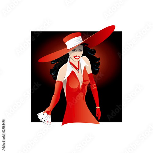 Casino girl red with playing cards on dark background