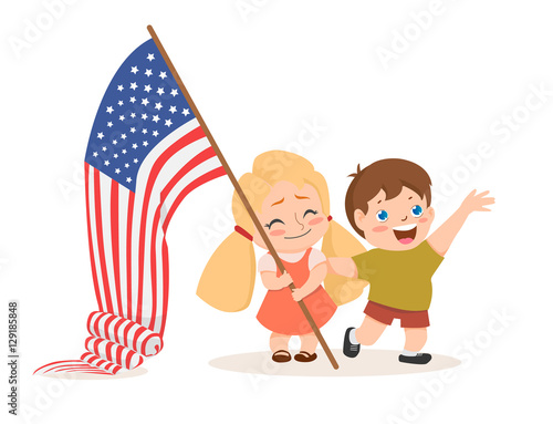 Vector US 4 july independence day lettering, children holding flag