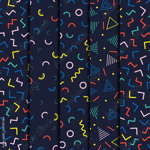 Retro memphis geometric line shapes seamless patterns set. Hipster fashion 80-90s. Abstract jumble textures. Black and white. Zigzag lines. Memphis style for printing, website, fabric design, poster.