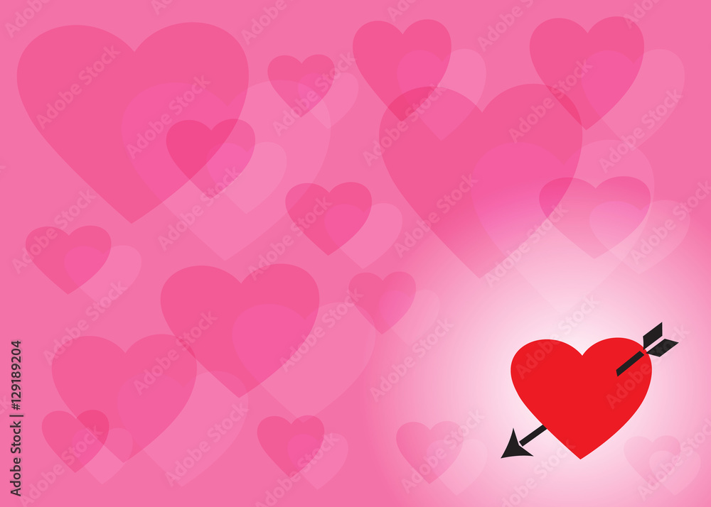 Pink background of transparent hearts and heart with an arrow, card for Valentine's Day