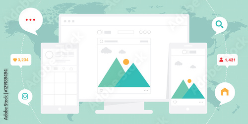 Instagram wire frame display in desktop and mobile device. Flat responsive design modern illustration with icons