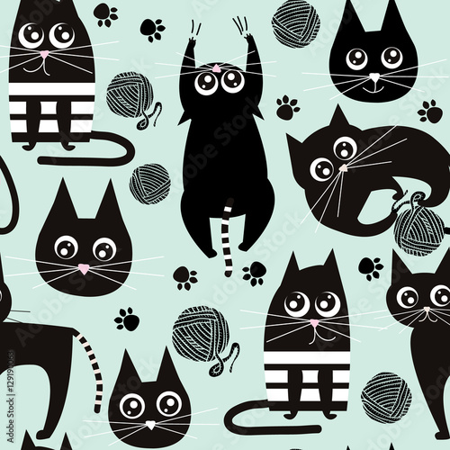 Seamless pattern with funny cats. Kids fabric texture. Vector Illustration photo