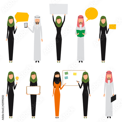 Arab business people infographic with job. Vector character man and woman.