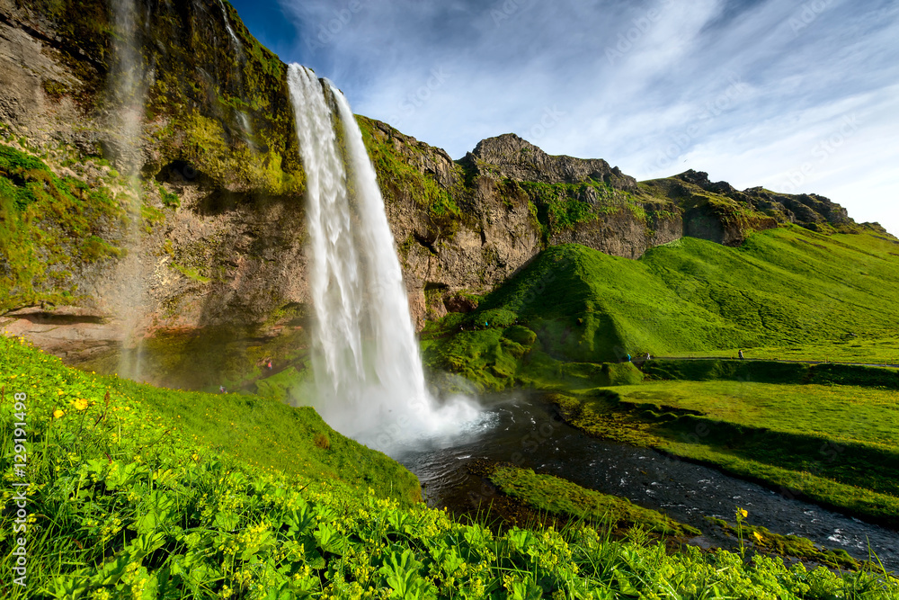 Naklejka premium Seljalandsfoss, jeden z najbardziej znanych islandzkich wodospadów