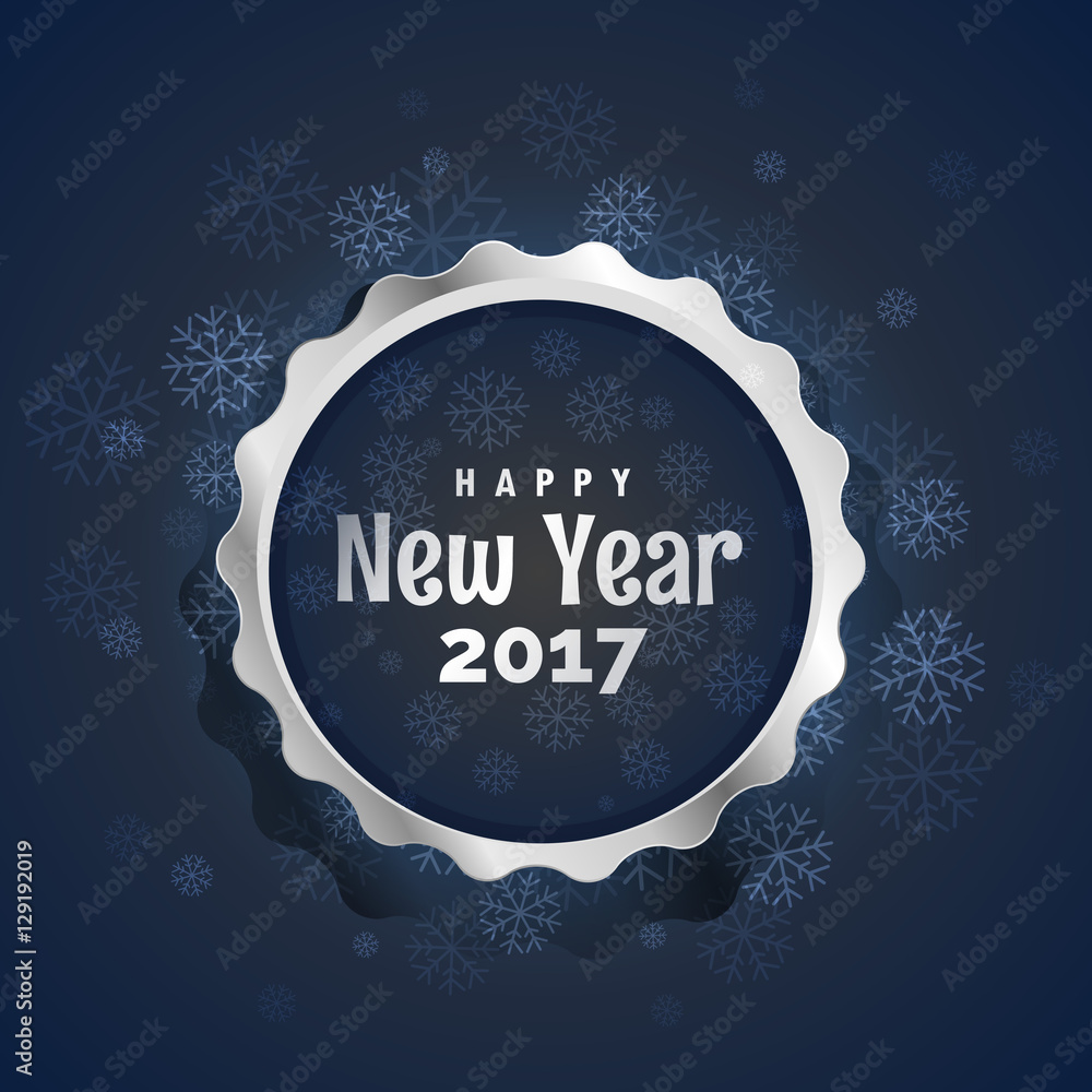happy new year 2017 silver badge design with snowflakes effect