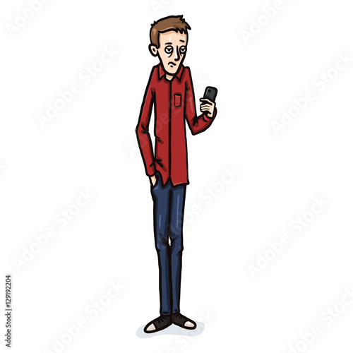 Vector Cartoon Character - Bored Man with Cell Phone