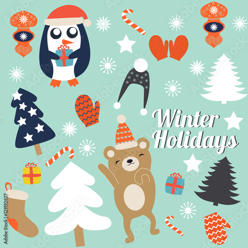 Christmas cards with cute trees  mittens and christmas toys  penguin in winter cap with gift and dancing bear. Vector illustration.