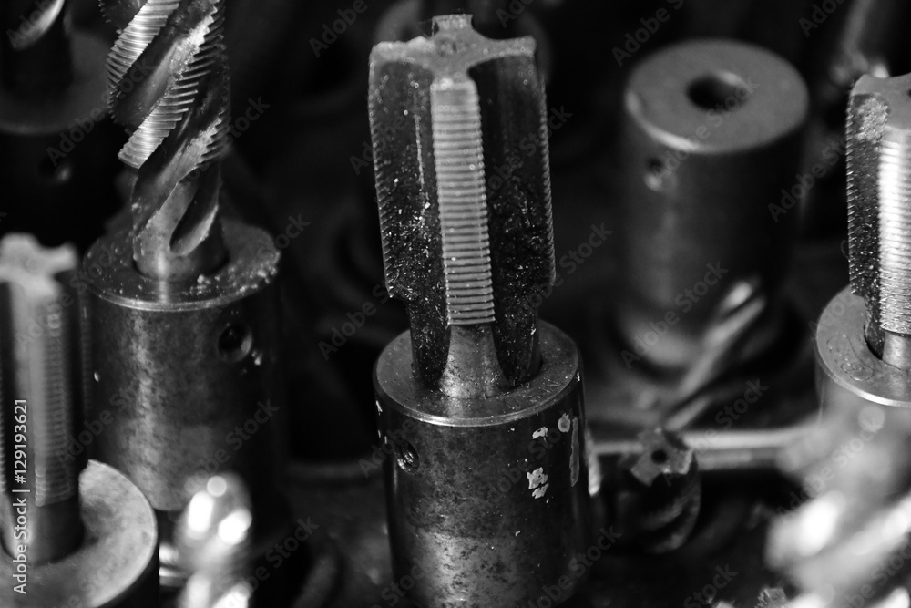 Drilling Tool. Black-and-white photo. Drilling Tool. Black-and-white photo.