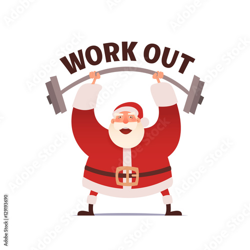 Santa Claus workout in GYM. Merry Christmas and Happy New year. Heavy bags with gifts.