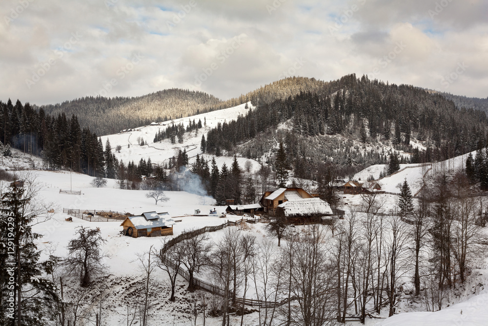 Winter landscape from countryside of Bukovina, Romania