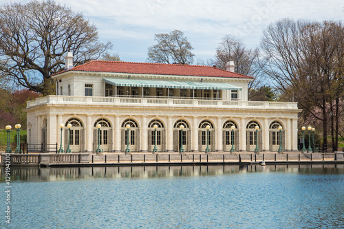 Historic boathouse and lake at Prospect Park in Brooklyn NY