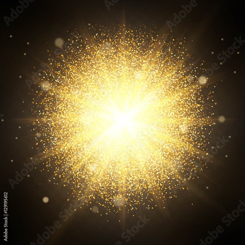 Effect of particles flying on top of the gold luster dust sparks luxury design rich background. The effect of sunlight illumination. Luxury golden texture