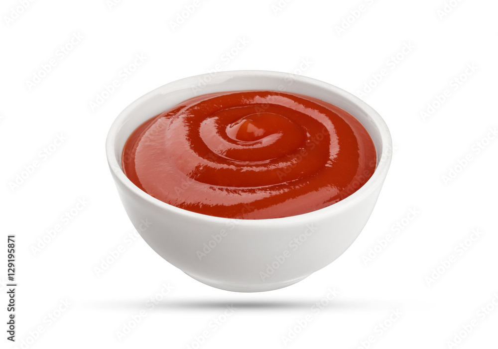 Ketchup in bowl isolated on white background. Portion of tomato sauce. With clipping path. Ketchup in bowl isolated on white background. Portion of tomato sauce. With clipping path.