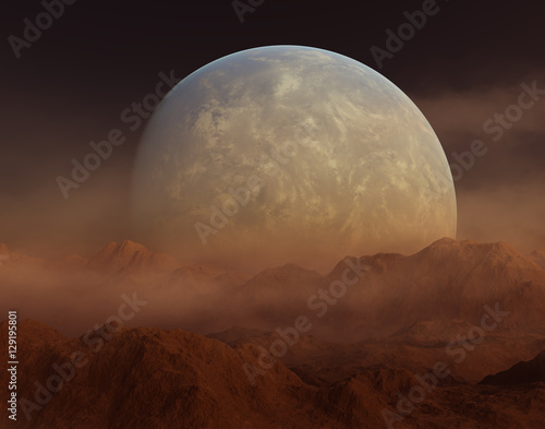 Fototapeta Naklejka Na Ścianę i Meble -  3d rendered landscape: deserted earth with planet
