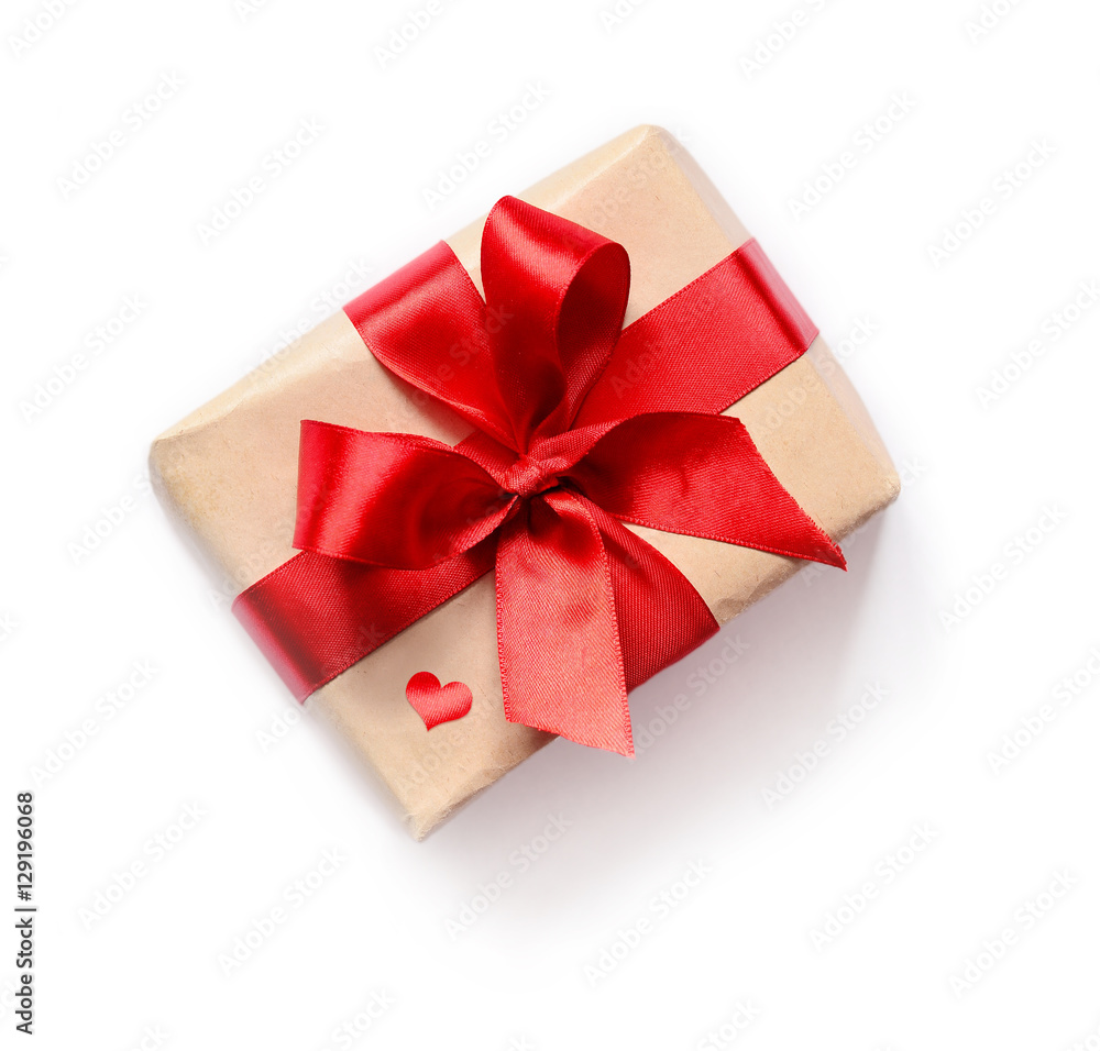 Gift with red ribbon on white background
