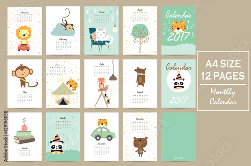 colorful cute monthly calendar 2017 with lion,tiger,panda,tree a