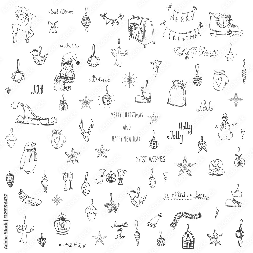 Hand drawn sketchy christmas elements Doodle vector illustration Santa Claus, Snowmen, snowflakes, Christmas tree, ice skating, deer, angel, Holly Jolly, decoration, Merry Christmas, Happy New Year Hand drawn sketchy christmas elements Doodle vector illustration Santa Claus, Snowmen, snowflakes, Christmas tree, ice skating, deer, angel, Holly Jolly, decoration, Merry Christmas, Happy New Year