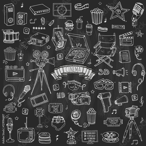 Hand drawn doodle Cinema set. Vector illustration. Movie making icons. Film symbols collection. Cinematography freehand elements: camera, film tape, photo camera, pizza, popcorn, projector, microphone