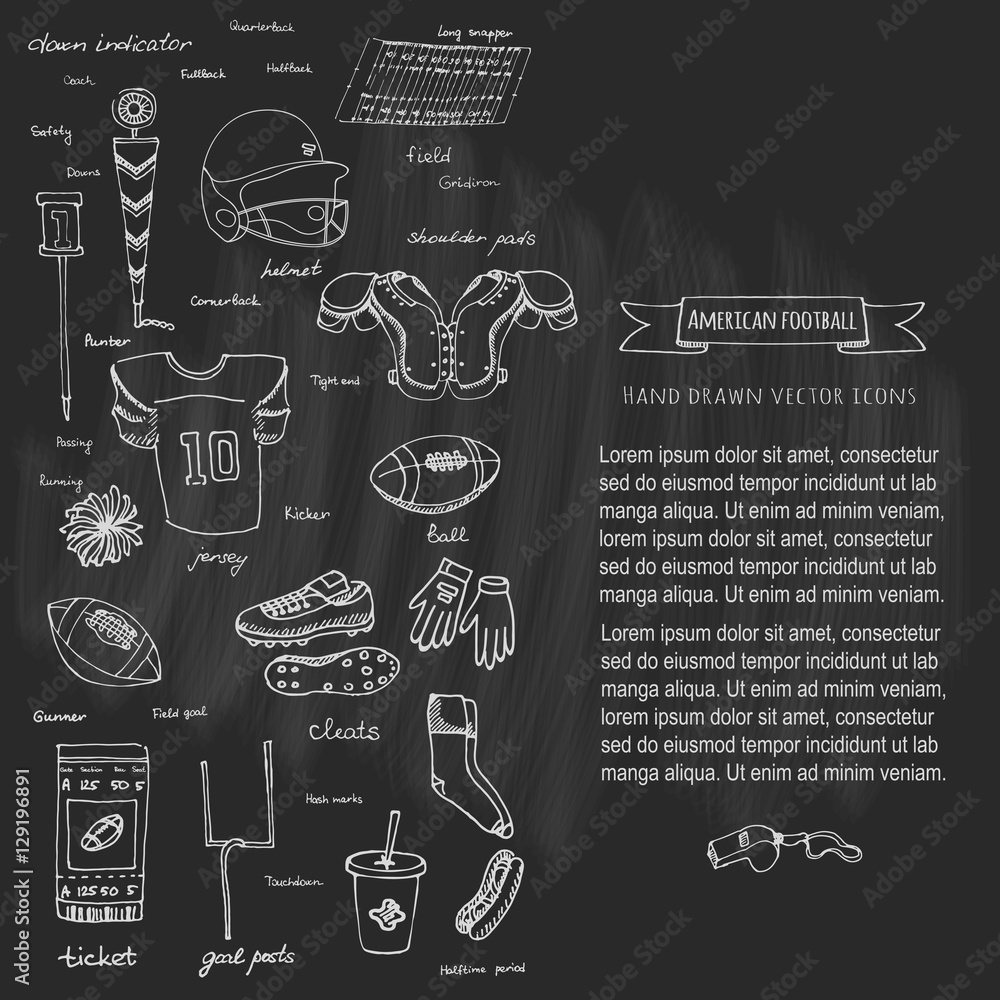 Fototapeta premium Hand drawn doodle american football set Vector illustration Sketchy sport related icons football elements, ball helmet jersey pants knee thigh shoulder pads cleats field cheerleading down indicator