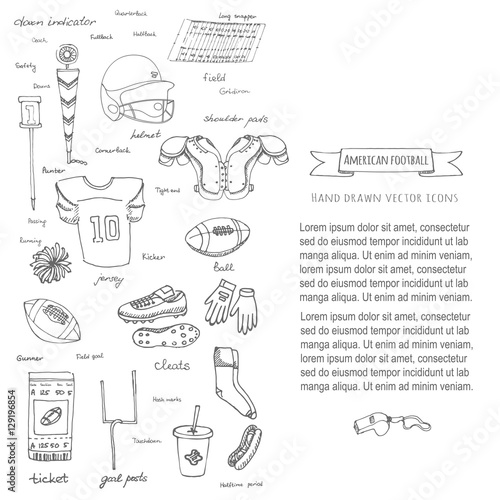 Hand drawn doodle american football set Vector illustration Sketchy sport related icons football elements, ball helmet jersey pants knee thigh shoulder pads cleats field cheerleading down indicator