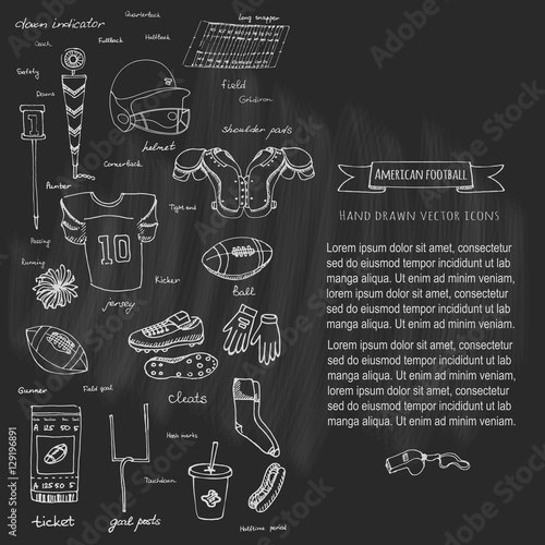 Hand drawn doodle american football set Vector illustration Sketchy sport related icons football elements, ball helmet jersey pants knee thigh shoulder pads cleats field cheerleading down indicator