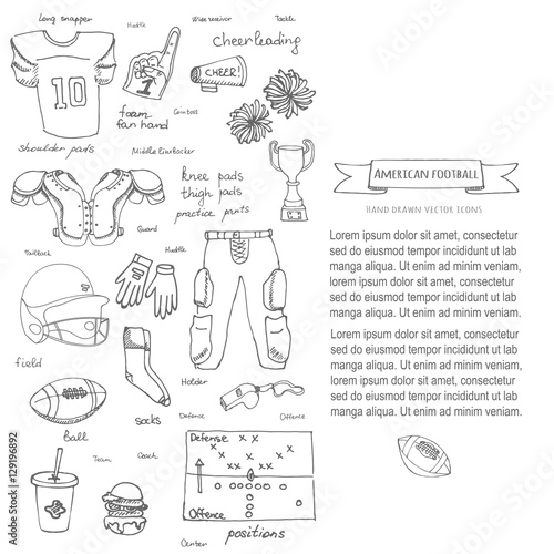 Hand drawn doodle american football set Vector illustration Sketchy sport related icons football elements, ball helmet jersey pants knee thigh shoulder pads cleats field cheerleading down indicator