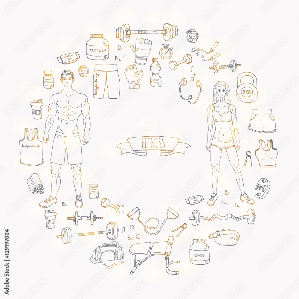 Hand drawn doodle fitness icons set. Vector illustration. Sport symbol collection. Cartoon bodybuilding various sketch elements: gym, sportsmen, diet, barbell, dumbbell, vitamin, protein, sport bag Hand drawn doodle fitness icons set. Vector illustration. Sport symbol collection. Cartoon bodybuilding various sketch elements: gym, sportsmen, diet, barbell, dumbbell, vitamin, protein, sport bag