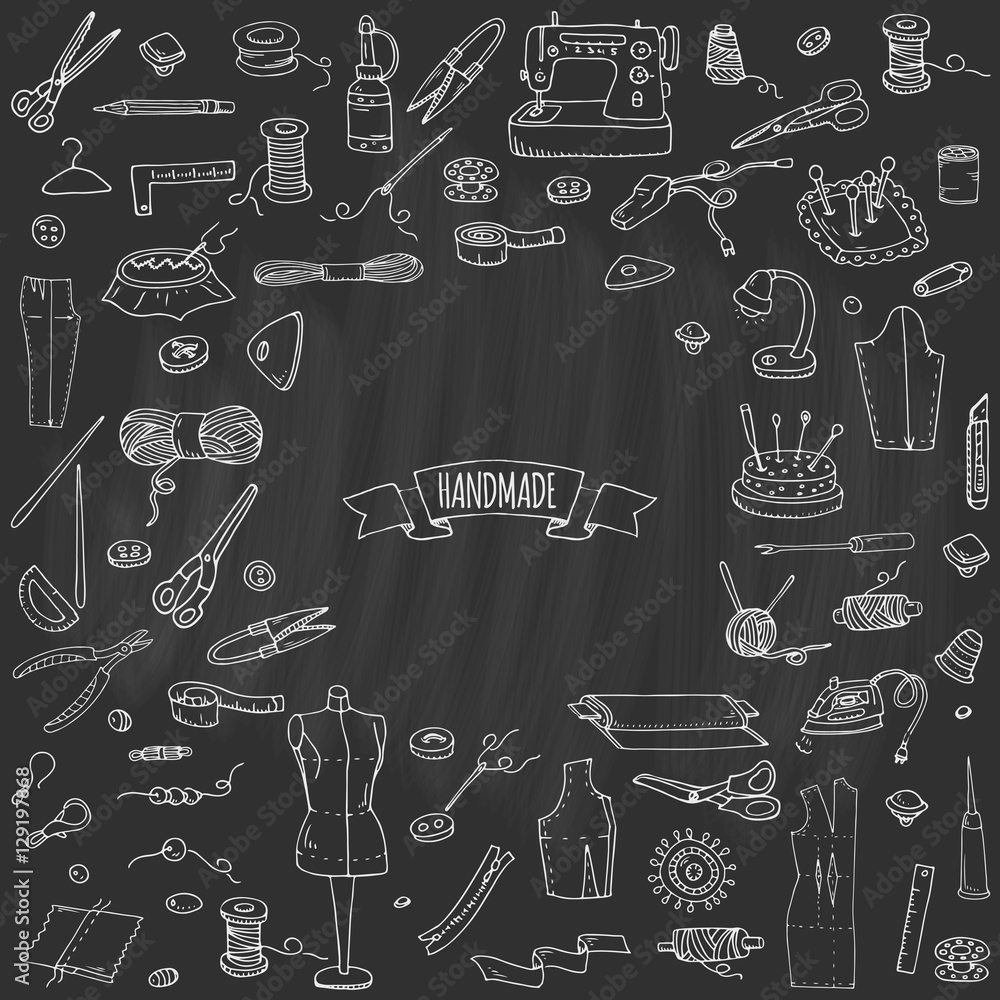 Hand drawn doodle Handmade icons set. Vector illustration. Sewing collection. Cartoon hand made various sketch elements: embroidery, jewelry making, button, needle, scissors, spool, pin, knitting