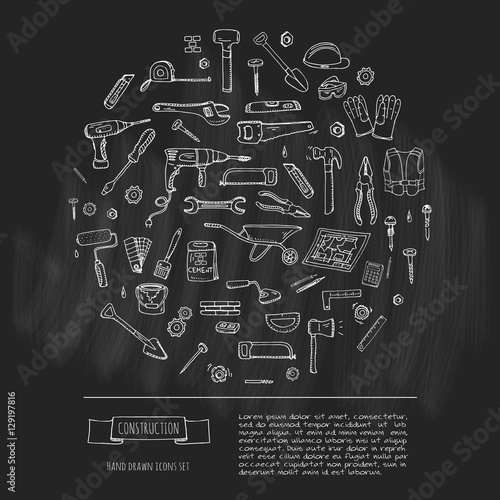 Hand drawn doodle Construction tools set Vector illustration building icons House repair icons concept collection Modern sketch style labels of house remodel gear elements and symbols Home repair tool