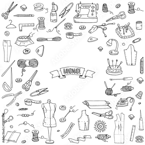 Hand drawn doodle Handmade icons set. Vector illustration. Sewing collection. Cartoon hand made various sketch elements: embroidery, jewelry making, button, needle, scissors, spool, pin, knitting
