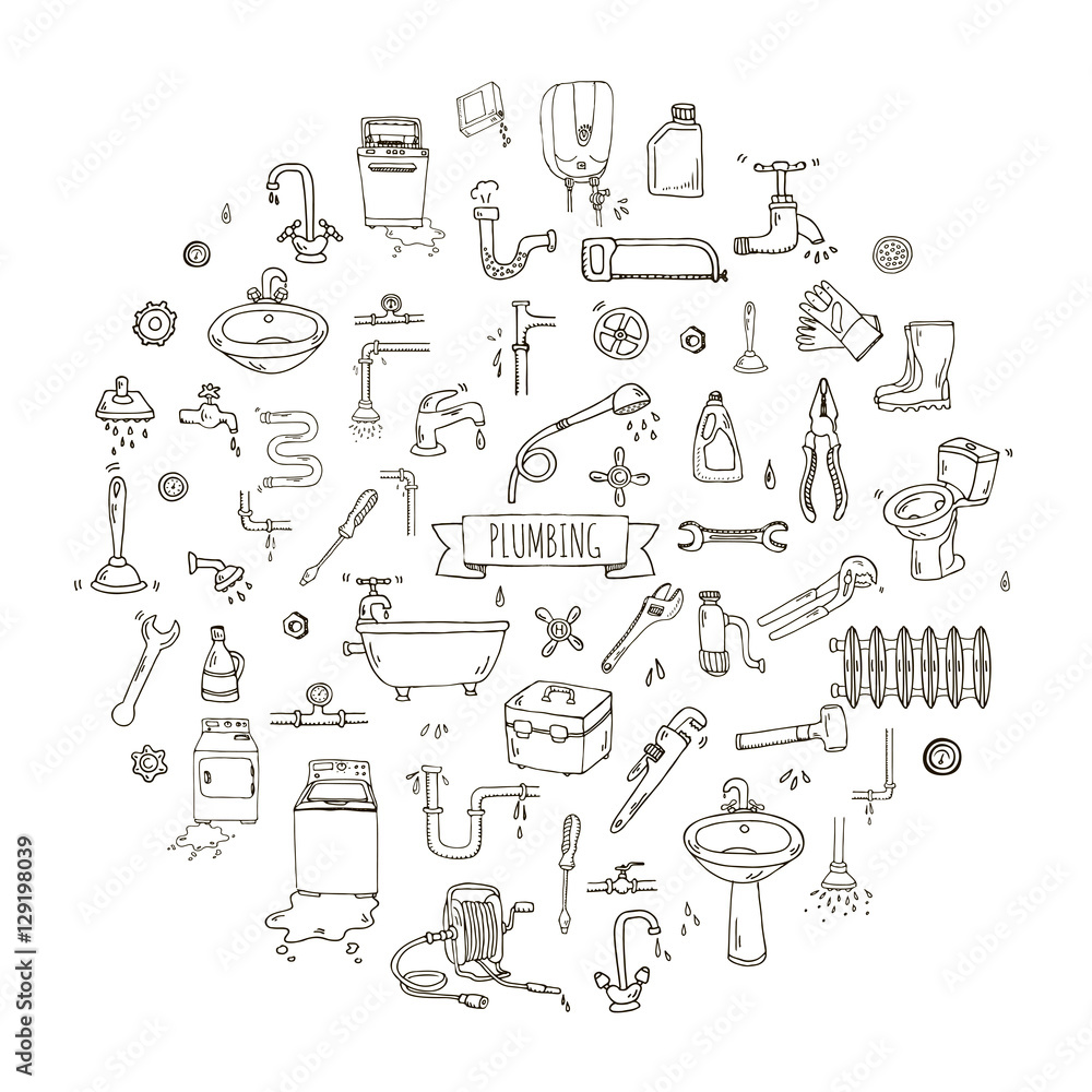 Hand drawn doodle Plumbing icons set. Vector illustration. Plumber ...