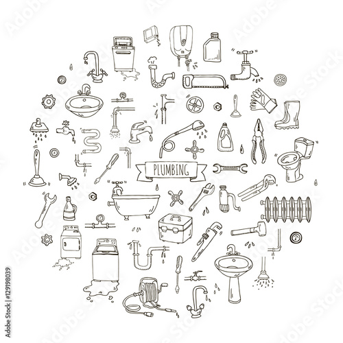Hand drawn doodle Plumbing icons set. Vector illustration. Plumber repair tools collection. Cartoon water pipe various sketch elements: sink, tube, drain, broken washing machine, splash, drops, leak