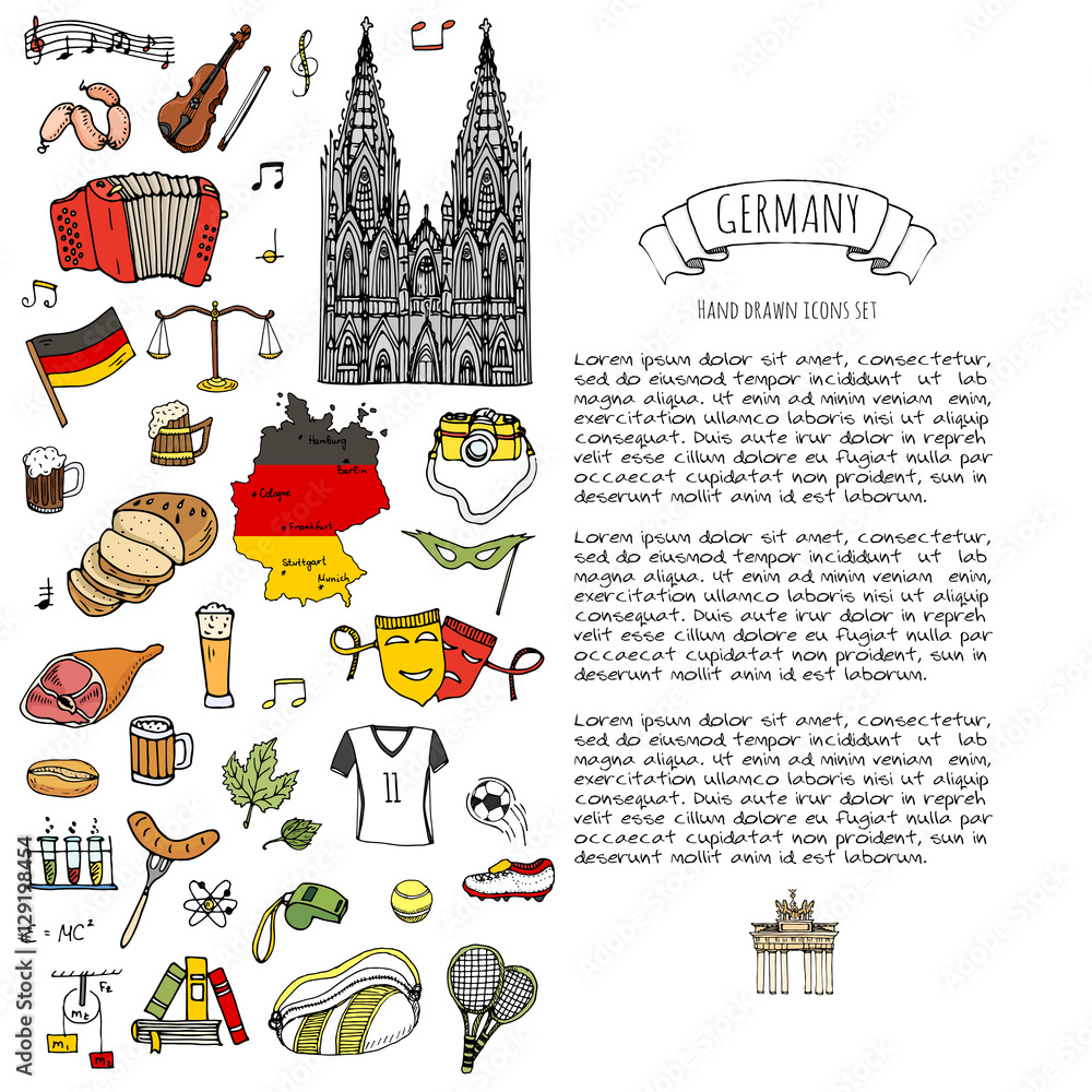 Fototapeta premium Hand drawn doodle set of Germany icons. Vector illustration set. Cartoon German landmark. Sketchy Europe travel elements collection: Sausage, Beer, Wheat bread, football, tennis, classic music, castle