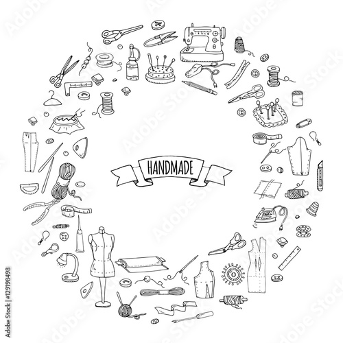 Hand drawn doodle Handmade icons set. Vector illustration. Sewing collection. Cartoon hand made various sketch elements: embroidery, jewelry making, button, needle, scissors, spool, pin, knitting