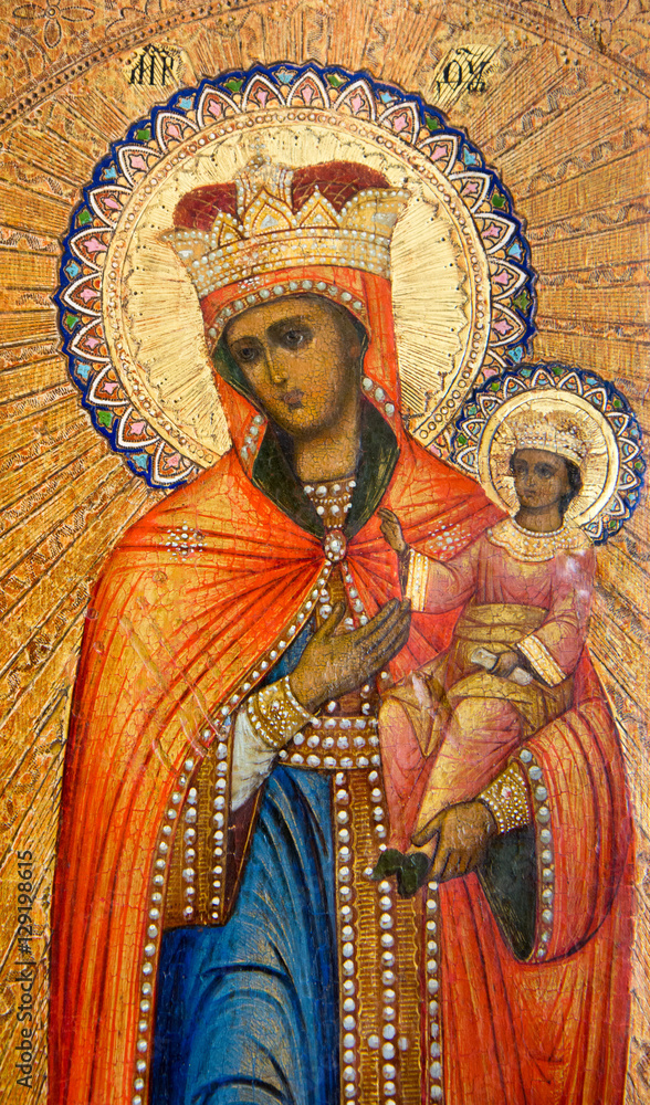 Slovakia, 2016/05/26. Byzantine icon from Ukraine called 'Comforter of the Afflicted' depicting Holy Mary Mother of God pointing to her Baby Jesus Christ with her hand. From the 17th or 18th C.
