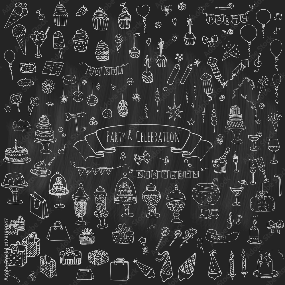 Hand drawn doodle Party and Celebration icons set Vector illustration Sketch Party concept Happy Birthday Party elements Carnival festive icons Gifts, Hat, Cake, Bow, Drink, Firework, Sweets, Flags Hand drawn doodle Party and Celebration icons set Vector illustration Sketch Party concept Happy Birthday Party elements Carnival festive icons Gifts, Hat, Cake, Bow, Drink, Firework, Sweets, Flags