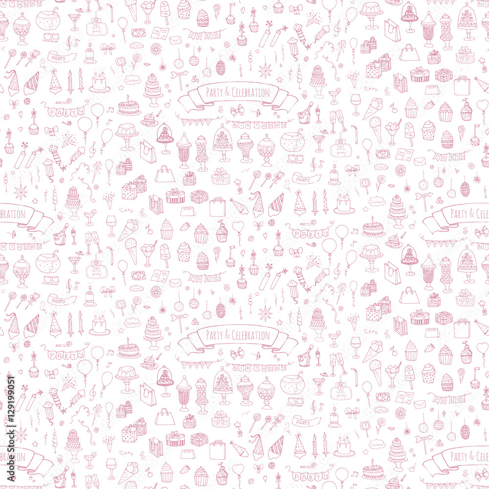 Seamless pattern Hand drawn doodle Party and Celebration icons set. Vector illustration. Sketch Party concept. Happy Birthday elements. Carnival festive Gifts Hat Cake Bow Drink Firework Sweets Flags Seamless pattern Hand drawn doodle Party and Celebration icons set. Vector illustration. Sketch Party concept. Happy Birthday elements. Carnival festive Gifts Hat Cake Bow Drink Firework Sweets Flags