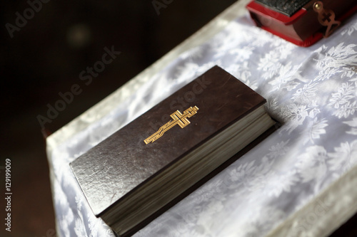 Details of bible on the pulpit photo