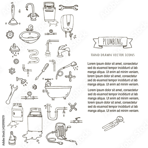 Hand drawn doodle Plumbing icons set. Vector illustration. Plumber repair tools collection. Cartoon water pipe various sketch elements: sink, tube, drain, broken washing machine, splash, drops, leak