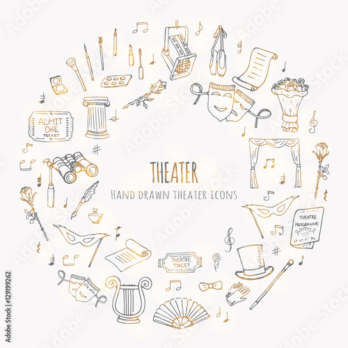 Hand drawn doodle Theater set. Vector illustration. Sketchy artistic icons. Acting performance elements: Ticket, Masks, Lyra, Flowers, Curtain stage, Musical notes, Pointe shoes, Make-up artist tools.